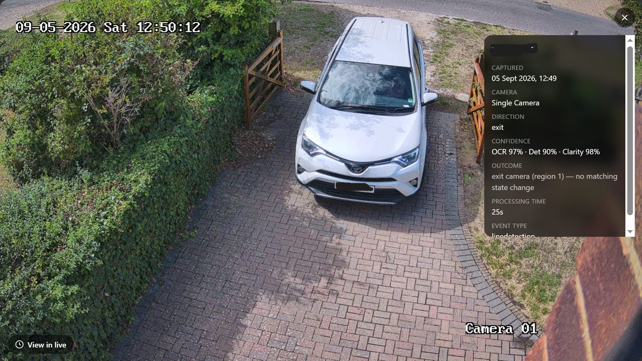 ANPR capture of a vehicle leaving a driveway, with OCR confidence, direction and camera detail shown alongside