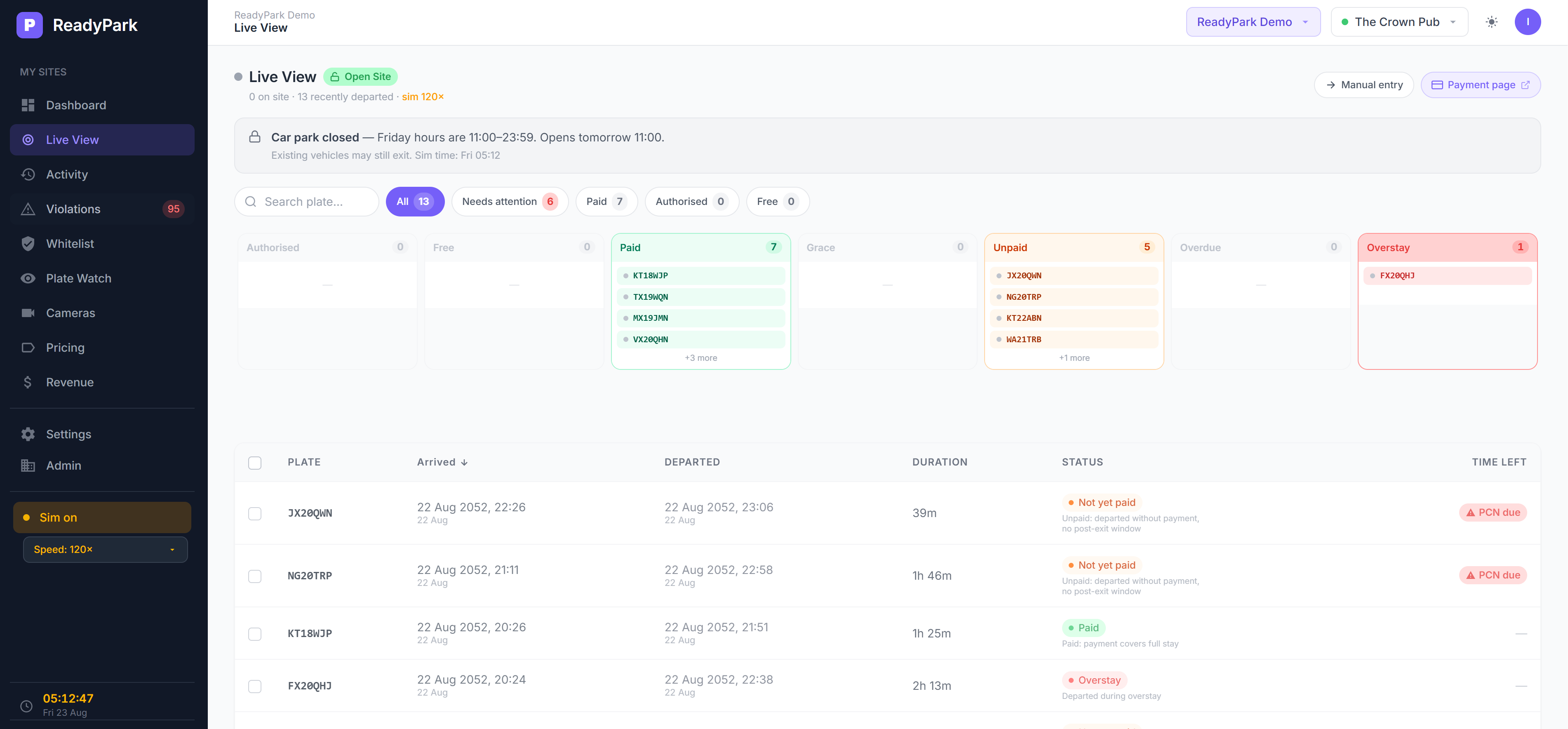 ReadyPark live view showing vehicles currently on site, grouped by paid, unpaid and overstay status