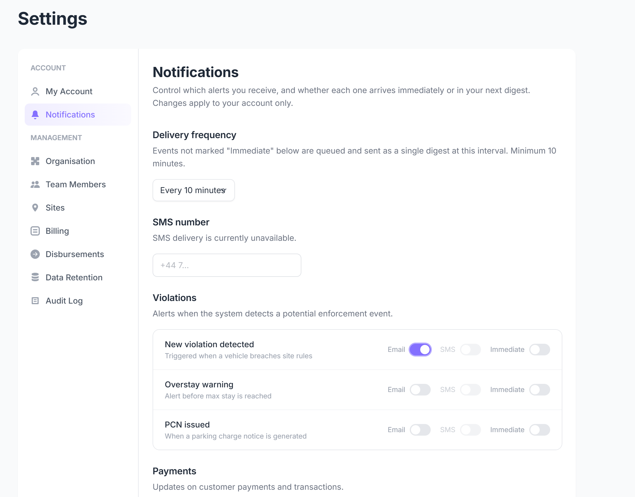 ReadyPark notification settings showing delivery frequency and email, SMS and immediate alert toggles for violations and payments